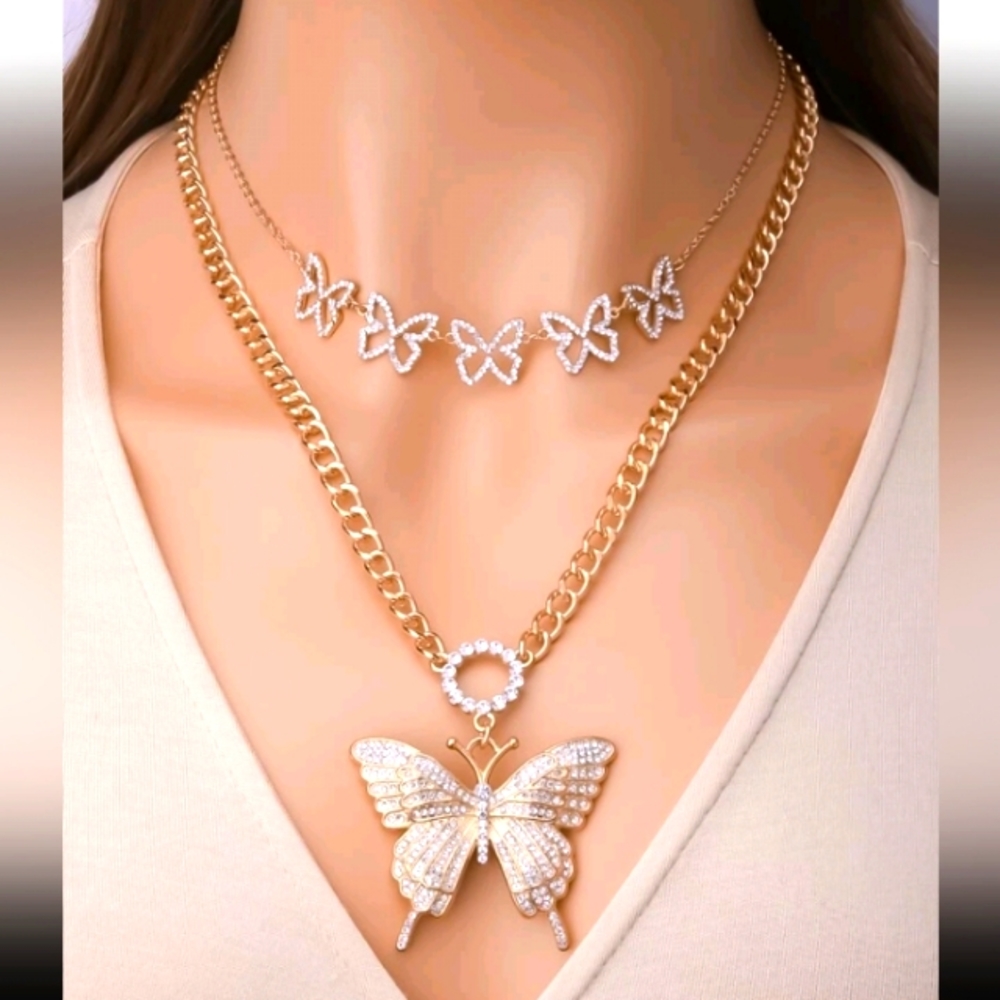 Luxury Rhinestone Cuban Butterfly Set Necklaces
